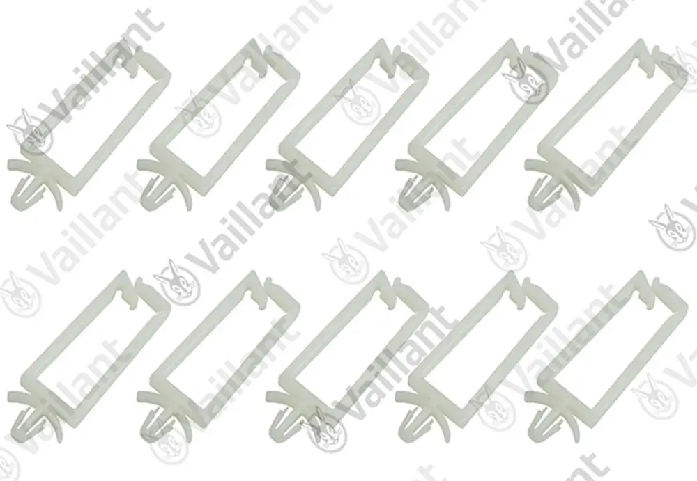Vaillant-Klammern in transparenter Ausführung, in einem Set von zehn Stück, zum Befestigen von Komponenten.